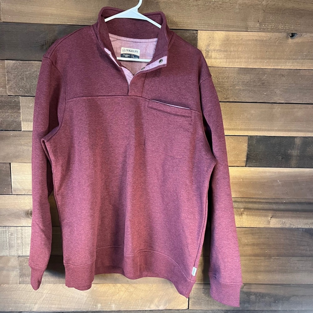 Magellan Outdoor Men's Classic Fit Burgundy Snap Neck Pullover Sweatshirt Size L